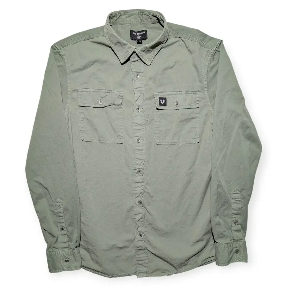 True Religion Green Button Up Work Shirt Large Long Sleeve Horseshoe Logo Cotton